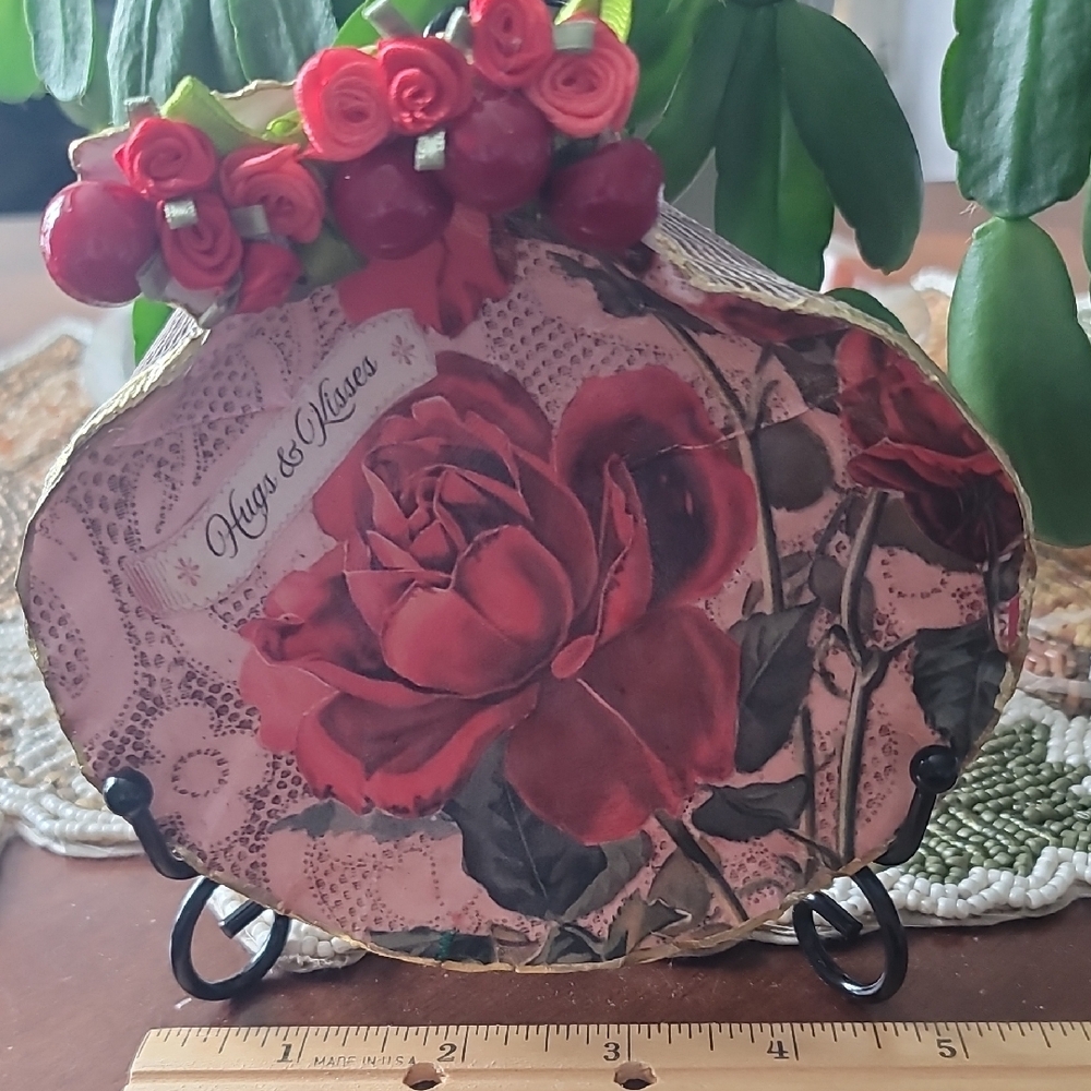 Floral Rose Decorative Sea Shell With Cherries & Fabric Flowers. Easel Included.
